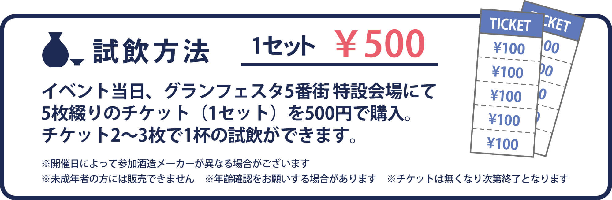 試飲方法 イベント当日、グランフェスタ5番街 特設会場にて5枚綴りのチケット（1セット）を500円で購入。チケット2～3枚で1杯の試飲ができます。